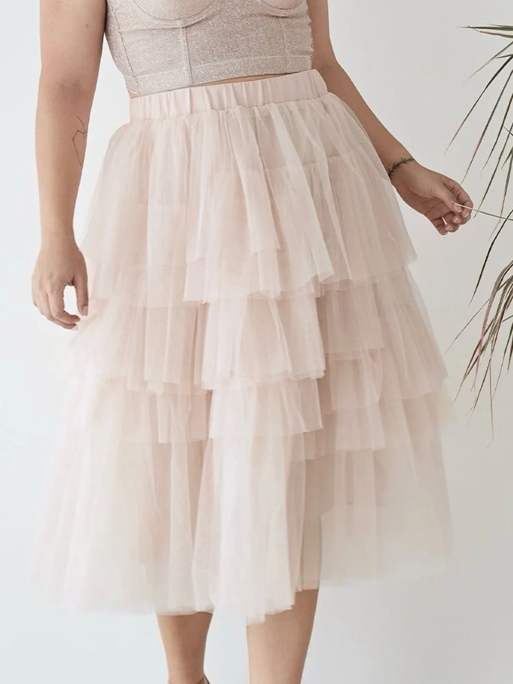 Chicwish Love Me More Tiered Layered Ruffle Tulle Ballerina Skirt Nude Pink XL